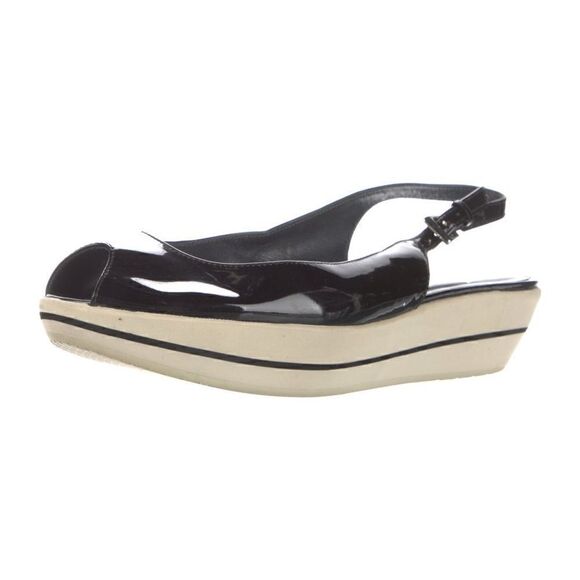 Stuart Weitzman | Black Colorblock Slingback Patent Wedge Peep Toe Pump | 8 - Picture 2 of 7
